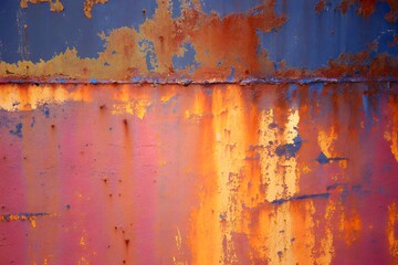 Fototapeta premium Abstract Rusty Metal Surface with Peeling Blue and Orange Paint Background 
