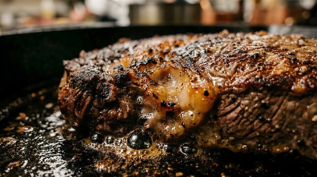 Close-up of a perfectly seared steak cooking in a hot cast iron pan, with a crispy crust and bubbling oil around the edges.