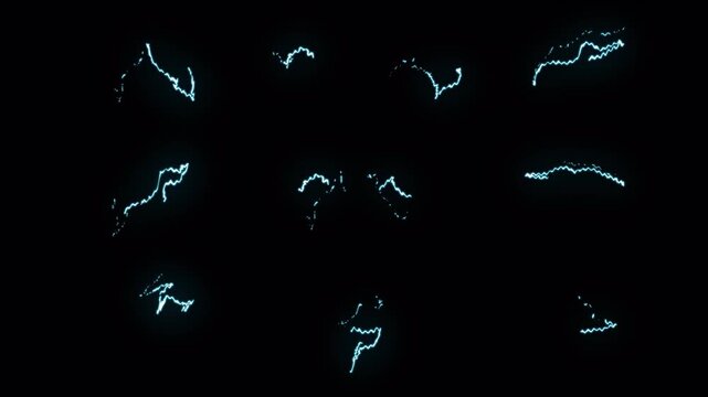 2d Vfx lightning pack featuring multiple glowing blue electric bolts on transparent alpha channel 4K.  Ideal for creating dynamic and impactful visual effects in videos.