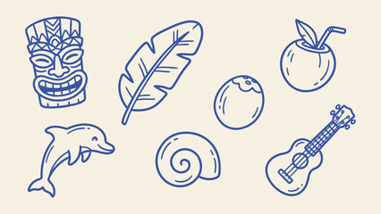 Blue line art tropical icon set with tiki mask dolphin ukulele palm leaf and coconut for summer vacation and beach party design © Zyariss