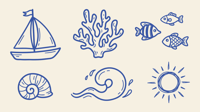 Hand drawn nautical icons set with sailboat coral fish seashell wave and sun in blue line art doodle style