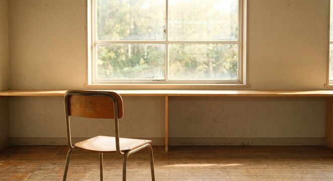 Long wooden study desk by the window in an empty classroom with natural morning sunlight, peaceful learning environment.