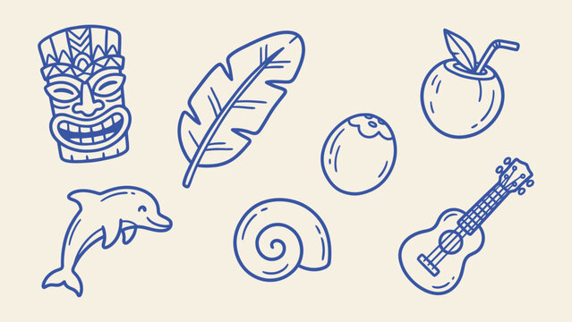 Blue line art tropical icon set with tiki mask dolphin ukulele palm leaf and coconut for summer vacation and beach party design
