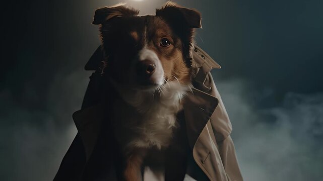 Smart detective dog in trench coat walking through fog