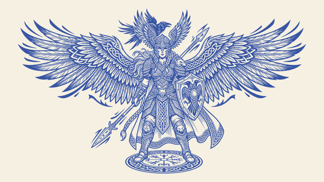 Valkyrie female warrior illustration with large wings spear and shield in Norse mythology style with raven and runic circle