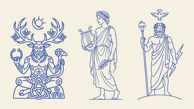 Mythological gods vector line art illustration featuring Cernunnos with antlers Apollo with lyre and Zeus with lightning bolt