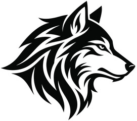 Fototapeta premium Wolf Head Vector Illustration Wild Predator Mascot Black and White Tribal Tattoo Art Silhouette Stencil Design Cut File