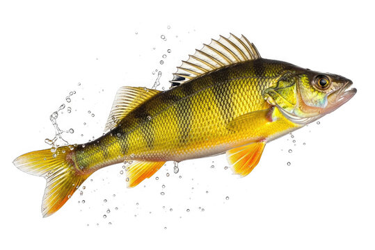 A vibrant perch fish leaps out of the water, creating a splash of bubbles. The fish has a golden-yellow body with distinctive black markings on its dorsal fin and a reddish-brown operculum.
