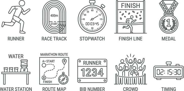Running Race Icons: Marathon Runner, Track, Stopwatch, Finish Line, Medal, Water Station
