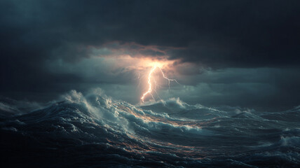 Fototapeta premium violent sea storm with lightning and high waves, dramatic sky, energy and chaos, climate change concept