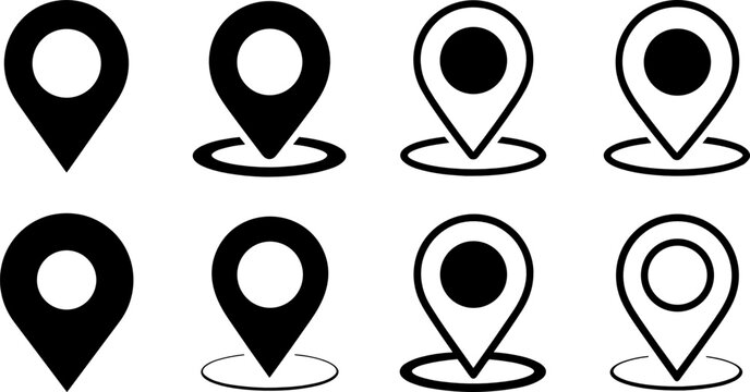 Map Location Pin Pointer Vector Icon Set Featuring Diverse Multi Style Navigation Markers with Outline and Solid Elements for Mobile App Interface Designs