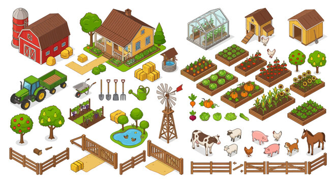 Isometric Farm Elements Collection Vector Illustration With White Background