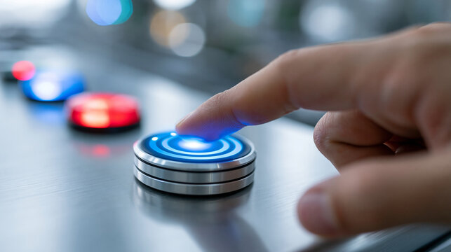 Close-up of a hand pressing a start button with ready set go indicator lights, process start concept, button indicator photography, readiness and launch visualization, defocused