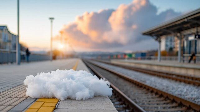 An imaginative view of a fluffy cloud resting on a train platform, creating an abstract and whimsical scene that brings a touch of creativity to the everyday environment.