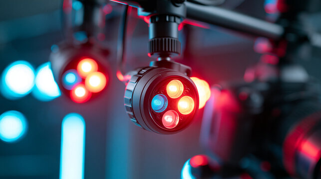 Close-up of studio flash triggers synchronizing with cameras in a high-energy studio setup with dynamic lighting, trigger sync concept, studio flash photography, photography