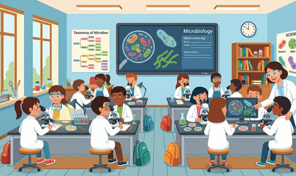 A teacher and students conducting microbiology experiments in a science laboratory.