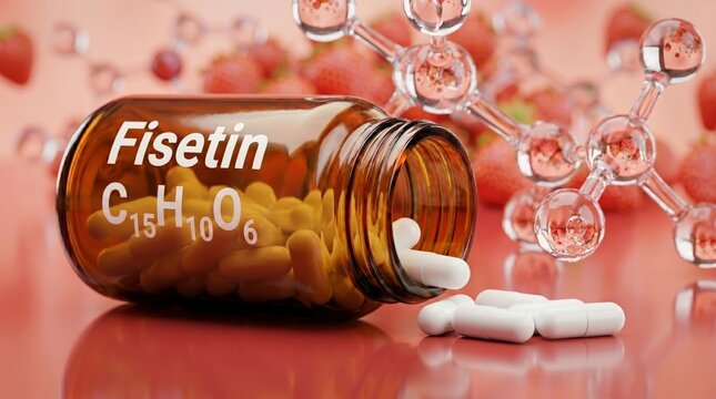 Fisetin C₁₅H₁₀O dietary supplement concept. bottle with capsules, fresh strawberries, and 3D molecular structure . Anti-aging, longevity, senolytic antioxidant vitamin.