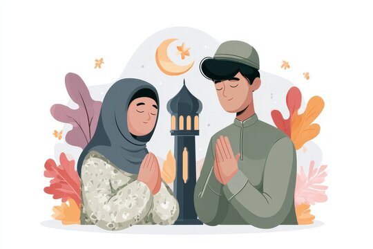 Islamic prayer devotion: Couple raising hands in supplication art