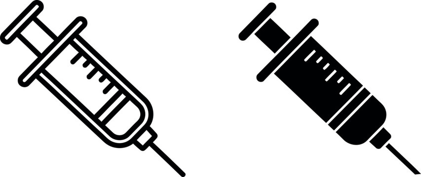 Syringe Outline and Solid Vector Icons Medical Injection Symbol Isolated Black and White Flat Design