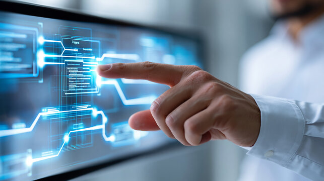 Close-up of a user activating a system automation interface with triggers, scripts and AI pathway diagrams, system activation concept, automation pathway photography, AI diagram