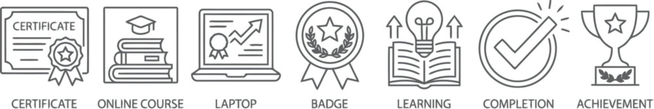 Education and Achievement Icons: Certificate, Online Course, Laptop, Badge, Learning, Completion