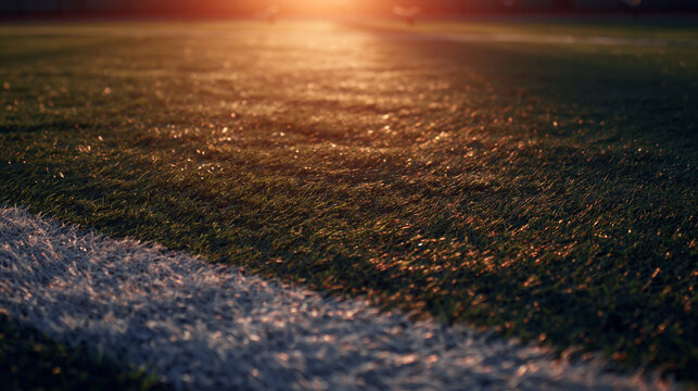 Football field grass at sunset close up
