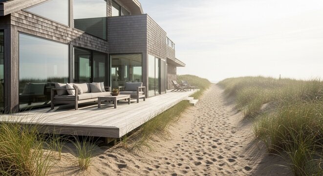 Modern coastal beach house featuring weathered wood siding and a large deck with a sandy path leading to the shore under hazy sunlight