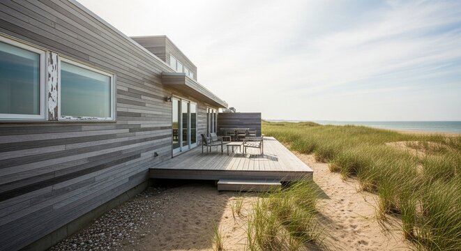 Modern coastal beach house featuring weathered wood siding and a large deck with a sandy path leading to the shore under hazy sunlight
