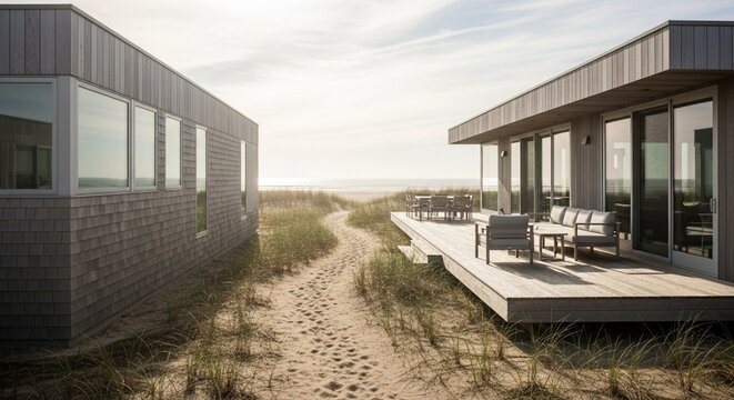 Modern coastal beach house featuring weathered wood siding and a large deck with a sandy path leading to the shore under hazy sunlight