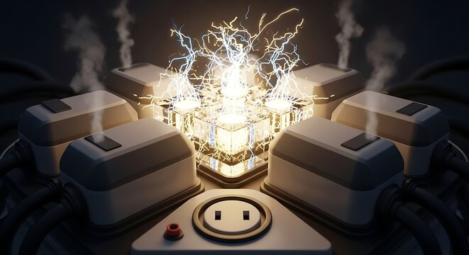 Futuristic power generator with glowing energy core and electrical sparks surrounded by steam emitting modules and cables in a dark laboratory setting