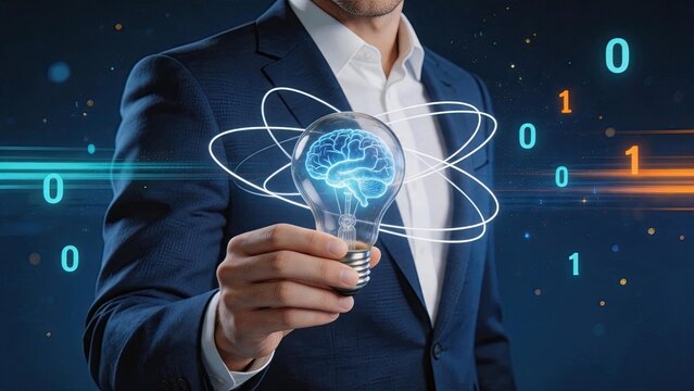 Businessman in suit holding glowing lightbulb with brain inside, surrounded by binary code and atomic orbits, representing artificial intelligence, innovation, digital