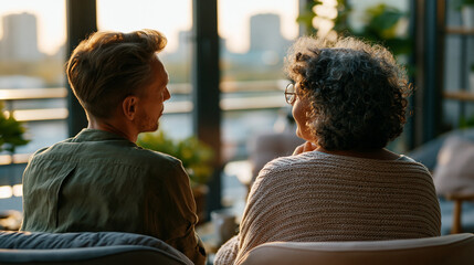Fototapeta premium A European couple viewed from behind talks softly on a bright home terrace in calm sunny daylight terrace conversation faceless back view bright home daylight workspace soft
