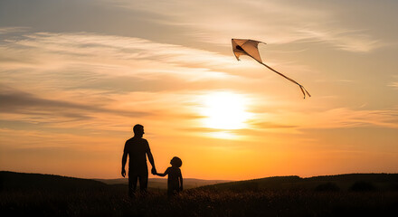 Fototapeta premium Silhouette of a man and child flying a kite at sunset