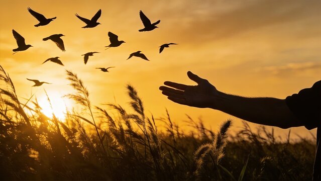 Silhouette of hand reaching towards flock of birds flying over field at golden sunset, freedom and nature concept