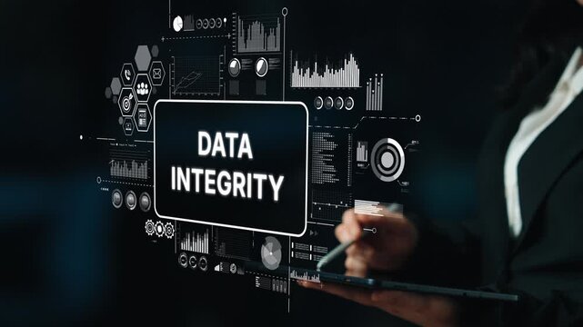Business Professional Analyzing Digital Data Integrity with Graphs and Charts in Modern Office Environment. Asymptotic smart data analytic.