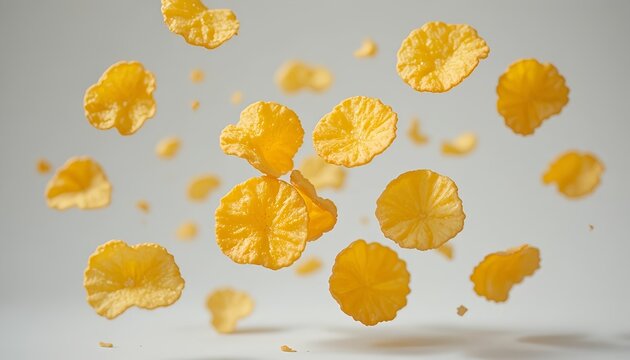 Crispy golden potato chips floating in the air, isolated on white background, detailed crunchy texture, realistic snack photography with clean minimalist composition