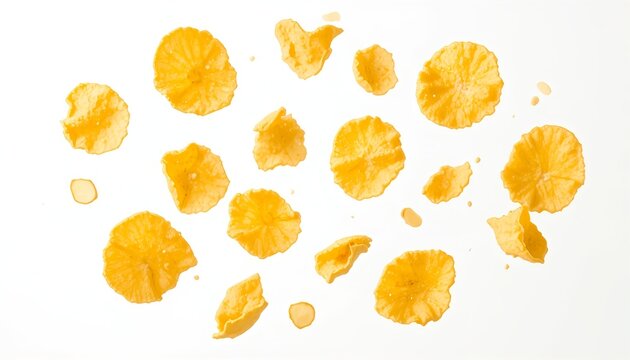 Crispy golden potato chips floating in the air, isolated on white background, detailed crunchy texture, realistic snack photography with clean minimalist composition