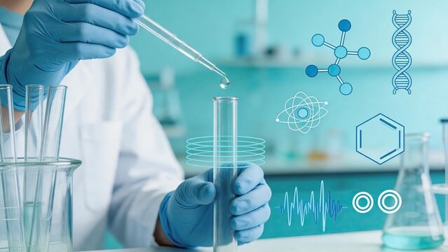 Scientist in blue gloves using a pipette to drop liquid into a test tube, representing chemistry research, medical laboratory analysis, and molecular science with graphic icons.