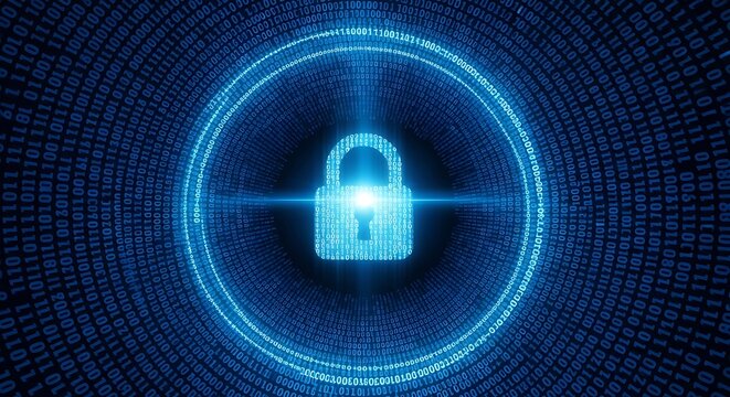 Digital padlock icon made of binary code representing data security and encryption