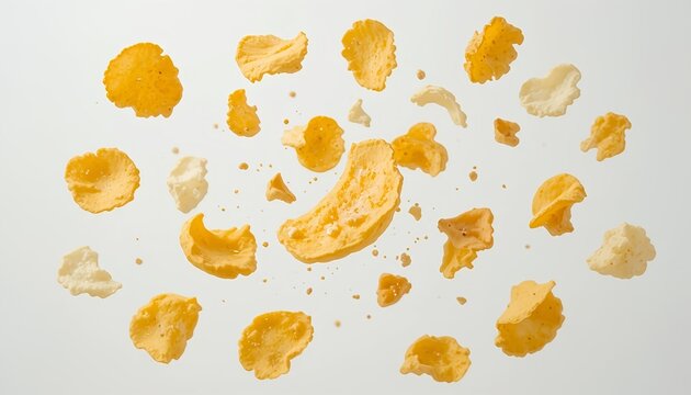 Crispy golden potato chips floating in the air, isolated on white background, detailed crunchy texture, realistic snack photography with clean minimalist composition