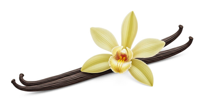 A vanilla bean rests on a transparent background, displaying a single vanilla flower. The flower has pale yellow petals and a prominent brown center.