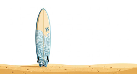 Surfboard standing upright on a sandy beach with ocean wave design. © Mutmainah