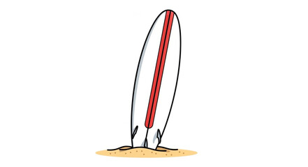 Surfboard standing upright on sandy beach illustration. © Mutmainah