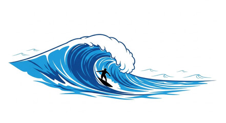 Surfer riding a large blue ocean wave with white foam. © Mutmainah