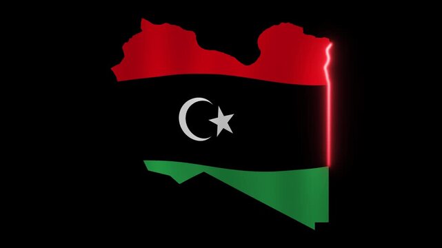 Animated Libya map with waving flag and glowing outline, seamless 4K loop.