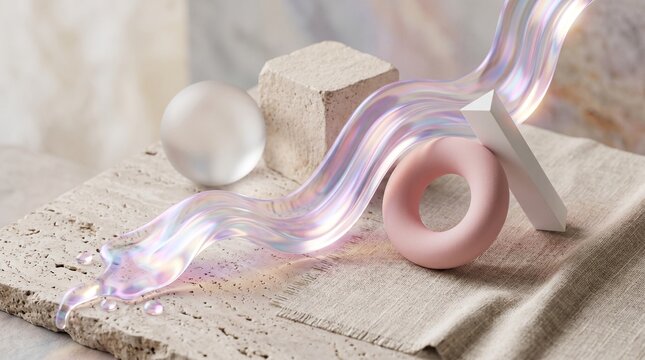 Abstract 3D render of a flowing iridescent glass shape draped over minimalist geometric objects on a textured stone slab and linen fabric. The composition features a frosted sphere, stone cube, pink t