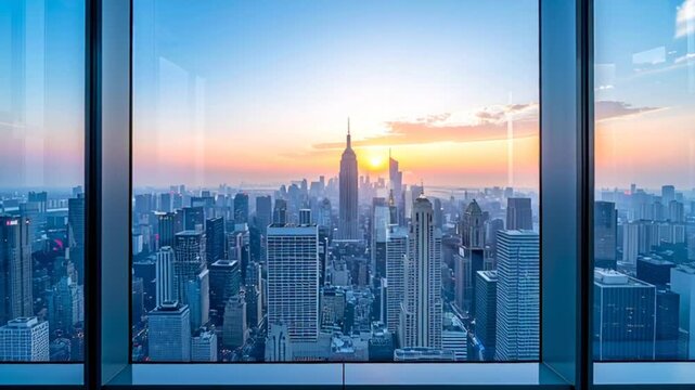 New York City Skyline Sunset View from Modern Office Window with Empire State Building