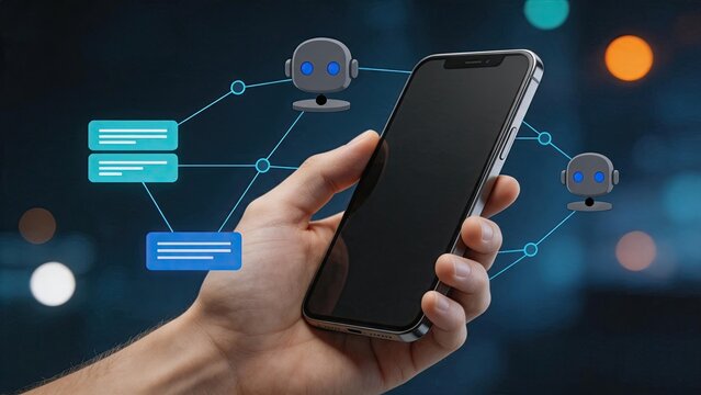 Smartphone with AI chatbot network, digital assistant technology, automated customer support system, artificial intelligence communication interface, virtual agent connection,