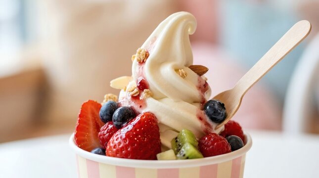 Colorful frozen yogurt with fresh berries and spoon in bowl on table perfect for National Frozen Yogurt Month