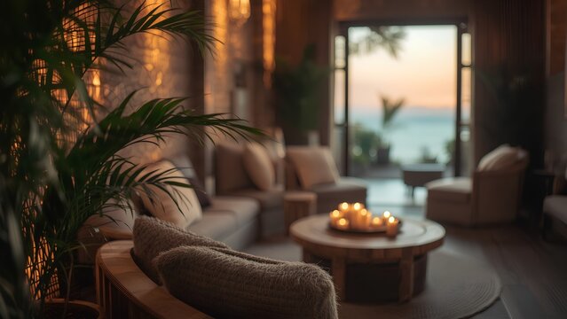 Cozy tropical lounge room with glowing candles and a sunset ocean view.